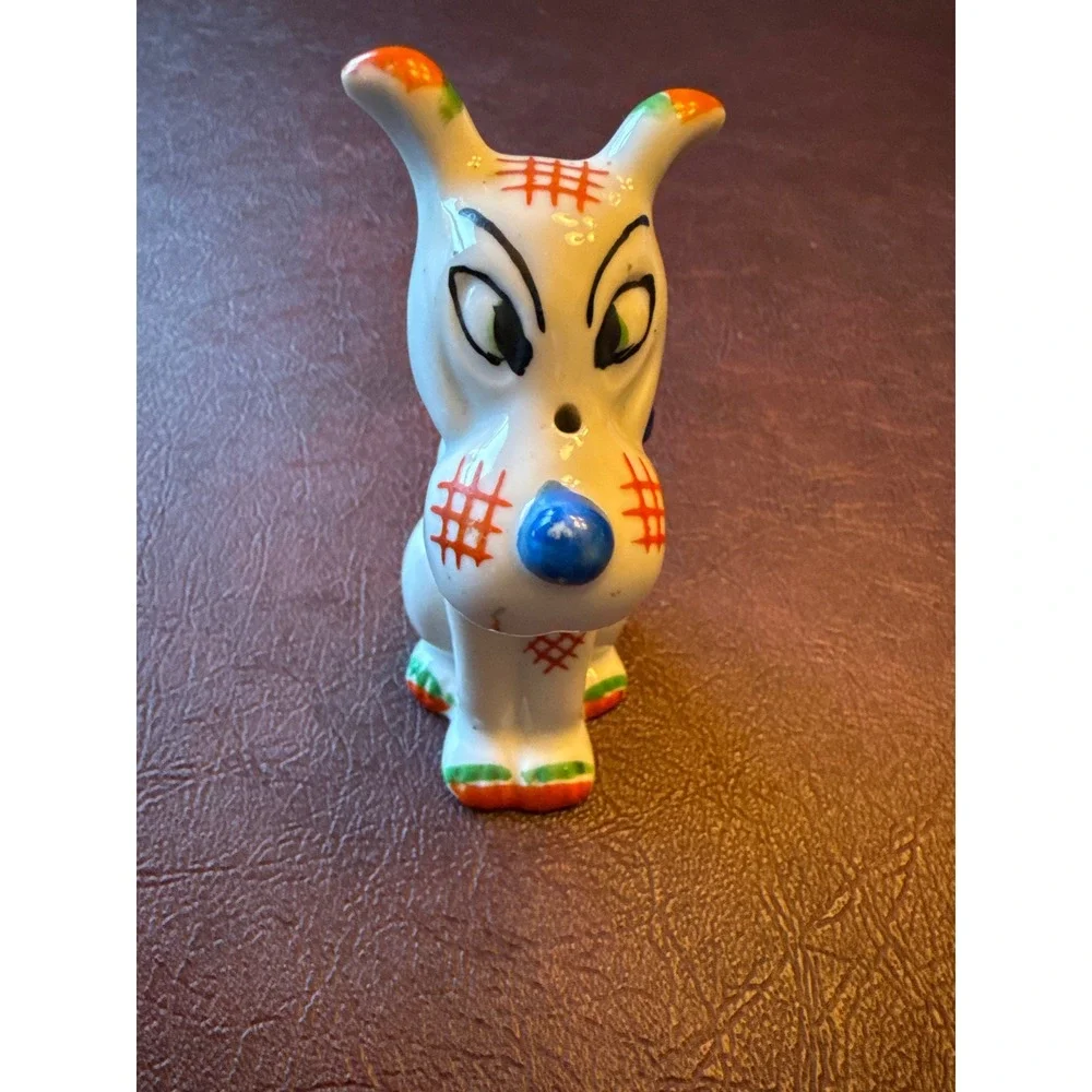 Vintage Hand Painted Japan Porcelain Dog Figurine Blue Bow Tie Patch Detail